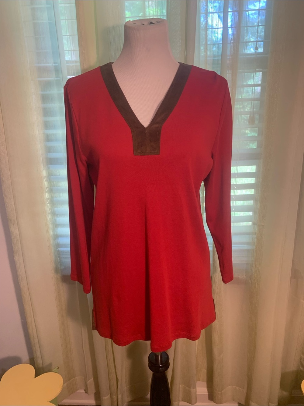 Ralph Lauren Red Long-Sleeve V-Neck Tunic with Brown Suede Trim